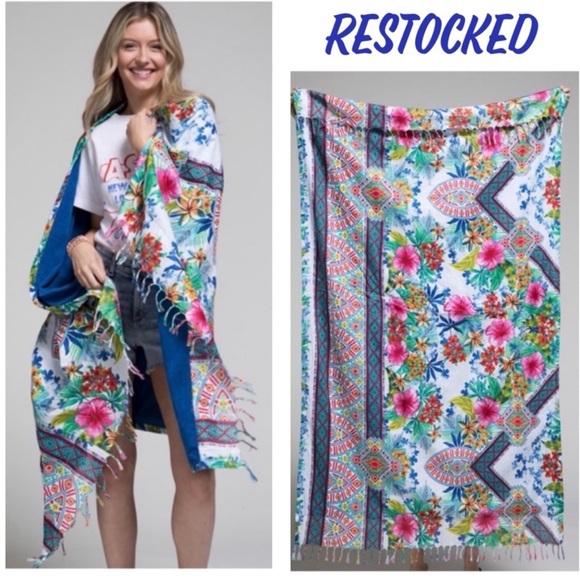 Bahamas Boho Ethnic Print Reversible Beach Throw/Towel w Fringe - Picture 2 of 7